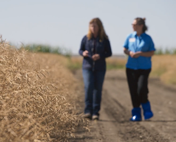 two women walking beside a field