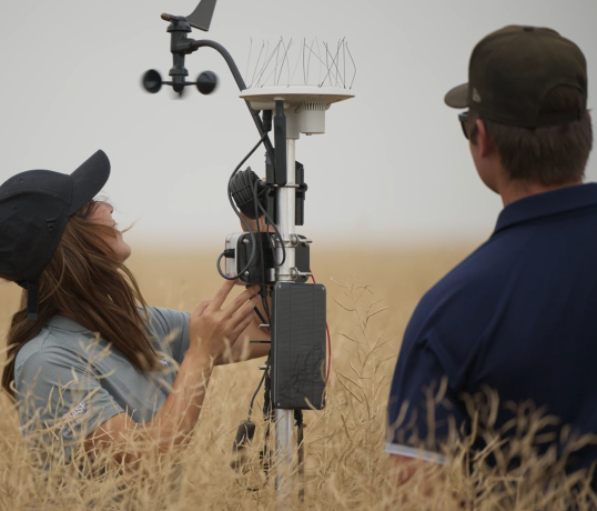 woman and a man setting up measuring equipment in a field