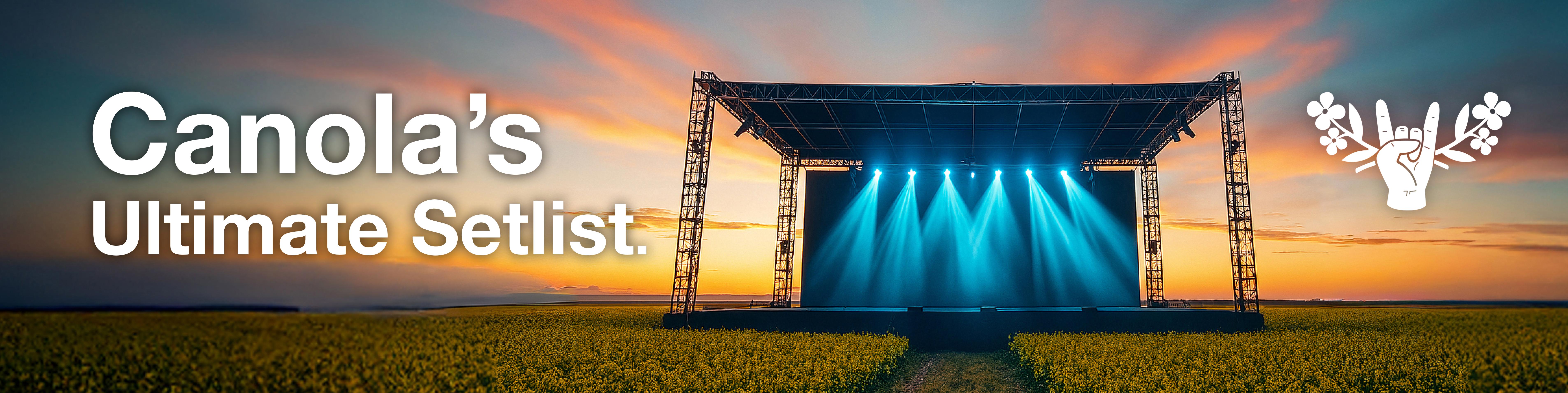 Outdoor concert stage in a canola field at sunset