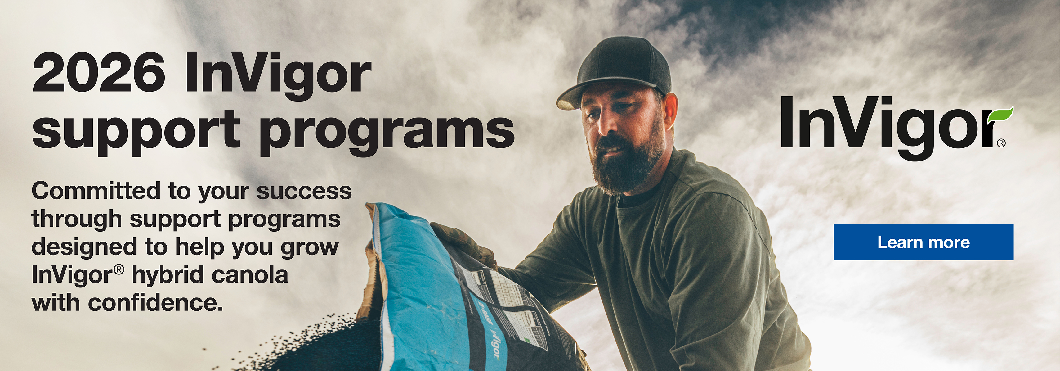 Promotional banner for the InVigor Hybrid Canola Support Programs and a Learn more button. 
