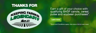 Promotional banner for the BASF Keeping Farms Legendary program featuring grower rewards and a Learn more button. 