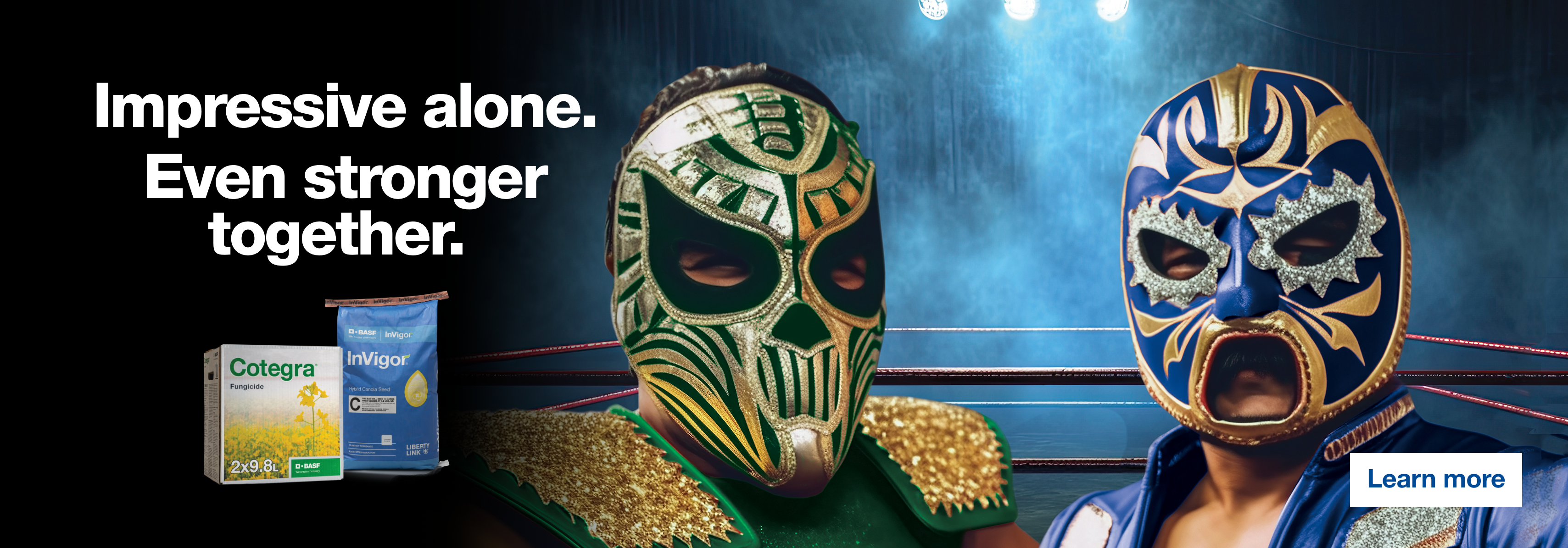 Two wrestlers standing side by side in a fighting ring