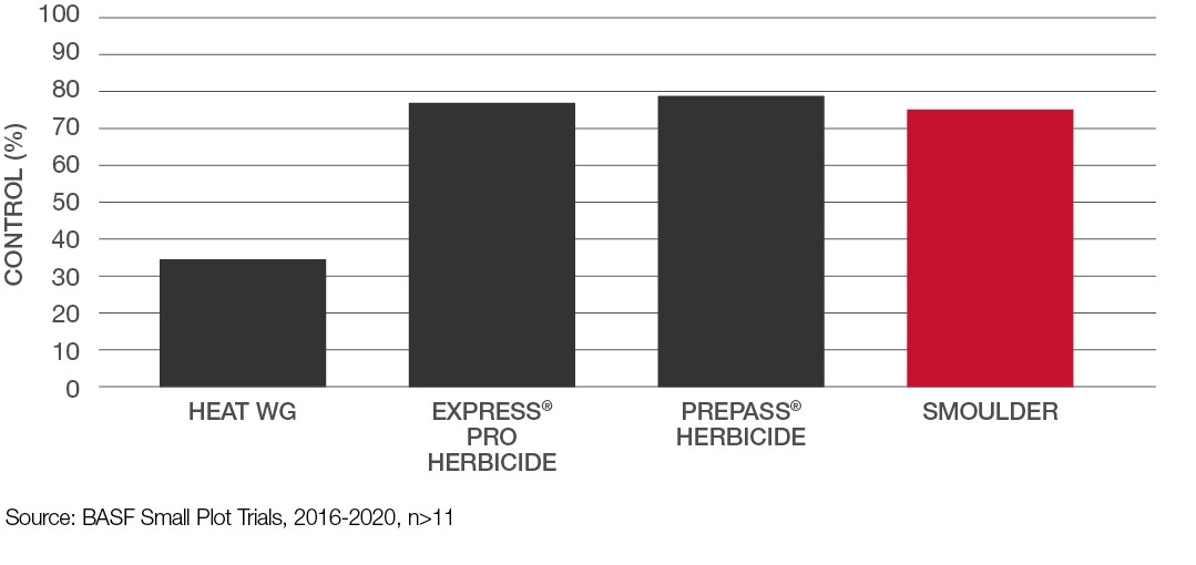 Chart Volunteer Canola: Heat WG + Express Pro Herbicide + PrePass Herbicide + Smoulder