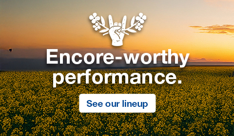 Canola field at sunset with the text ‘Encore-worthy performance’ and a ‘See our lineup’ button.