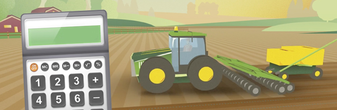 Animated calculator and tractor in field