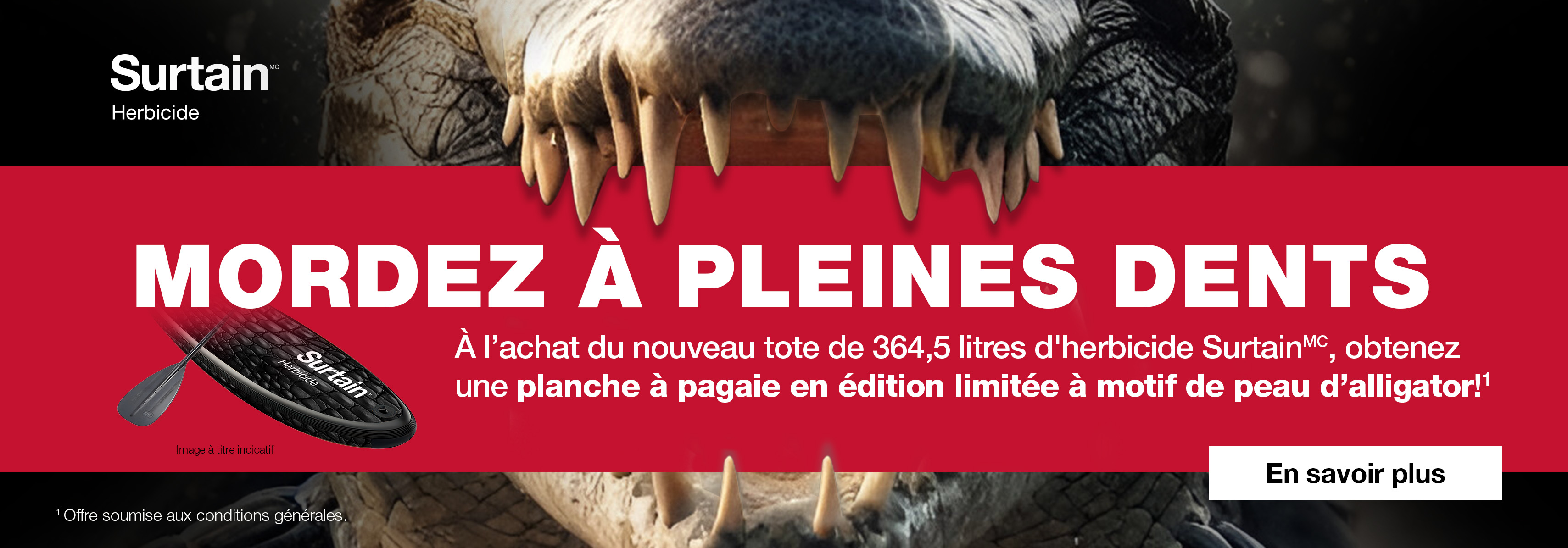 Gros plan d’un alligator avec le contenant d’herbicide Surtain™ et une planche à pagaie