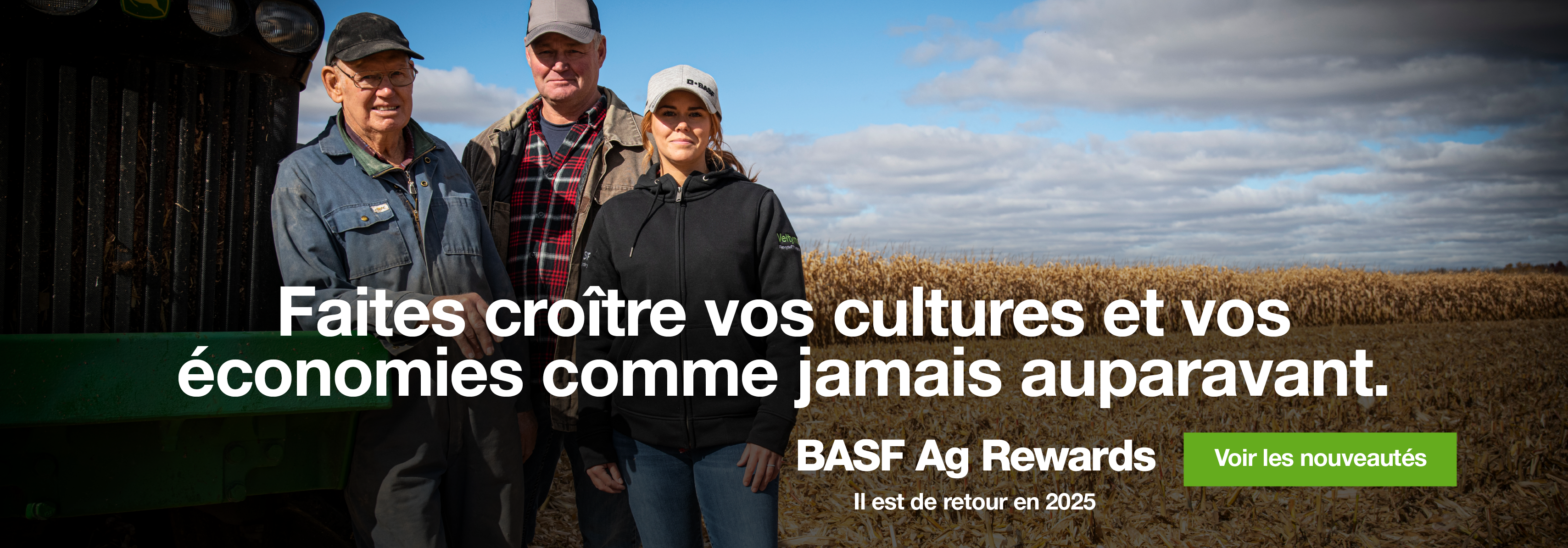 Three farmers smiling in field